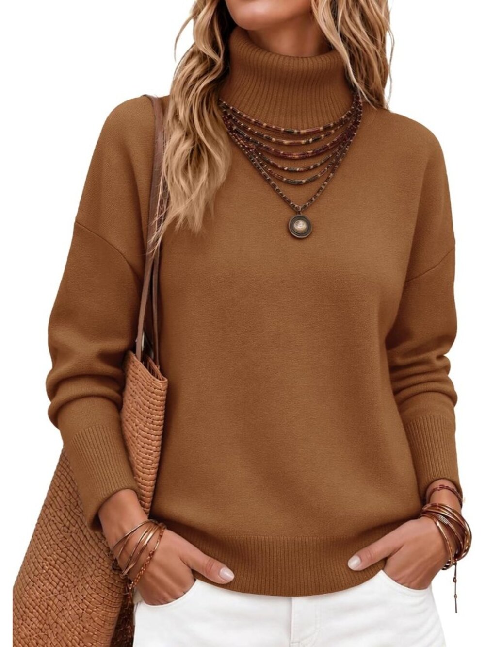 Women's Brown High Low Hem Trendy Basic Jumper Top Casual Turtleneck Sweater